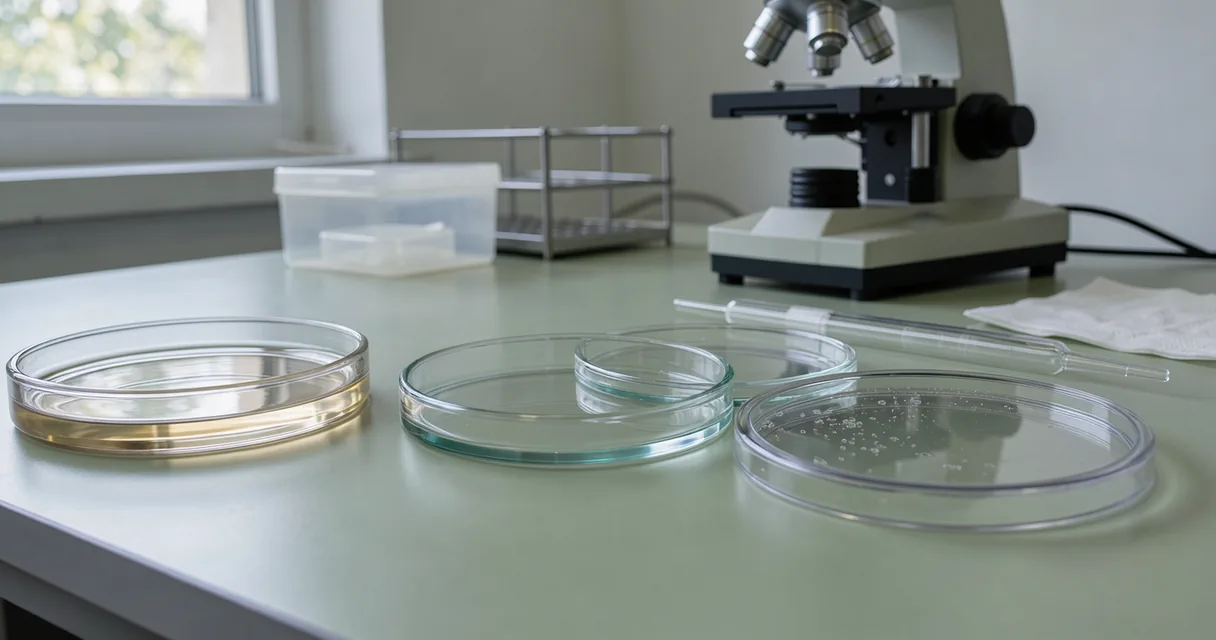Clear culture dishes beside a microscope on an olive laboratory worktop