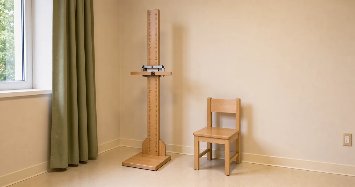 A wooden height measuring instrument beside a chair in a sunlit room