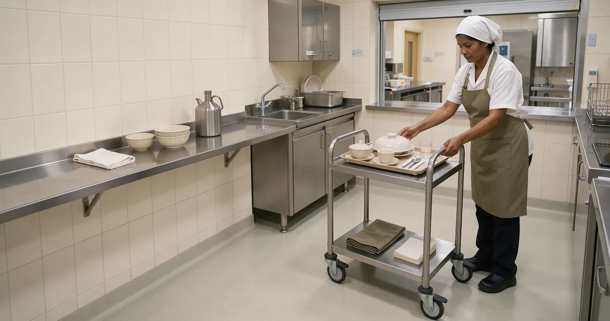 A hospital kitchen worker arranging covered meal trays on a trolley