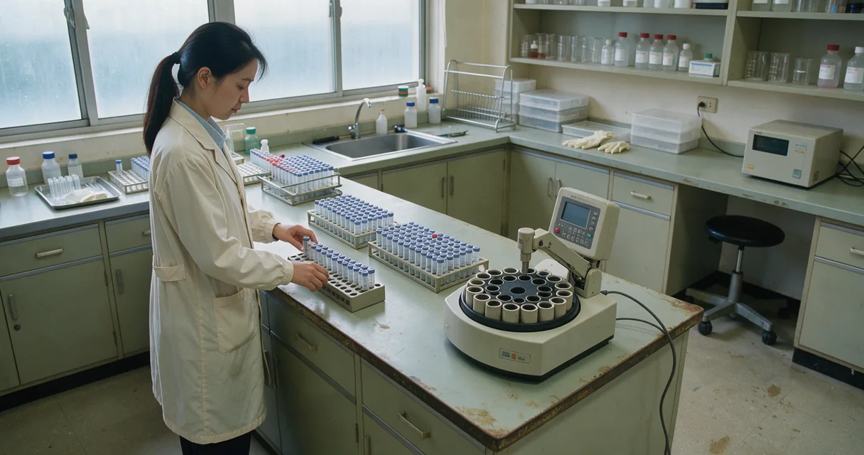 A technician arranging sample tubes beside a laboratory sampling carousel