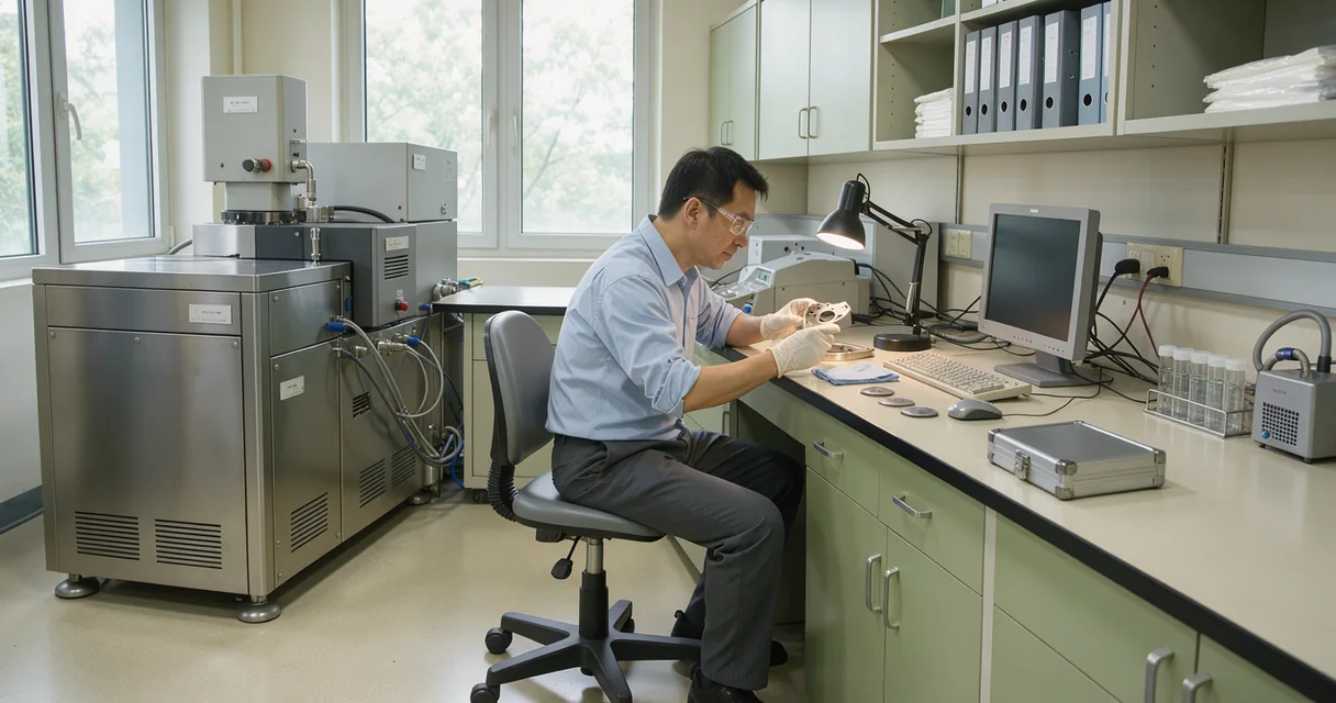 An instrument operator working beside a mass spectrometer in a bright laboratory